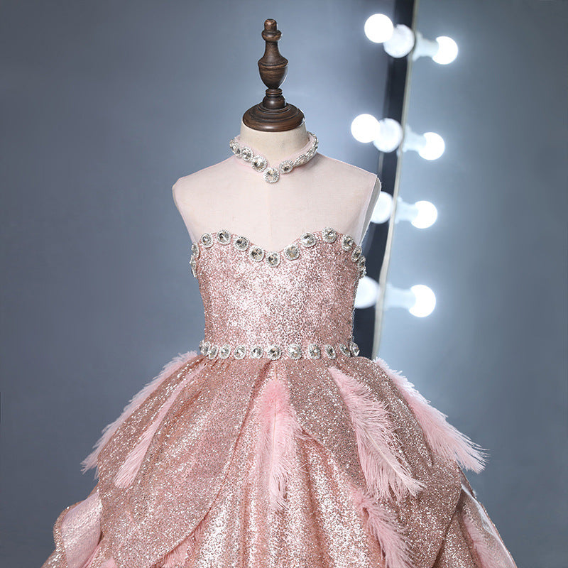 Pink Sequined Princess Flower Girl Dress Mock Neck Ruffle