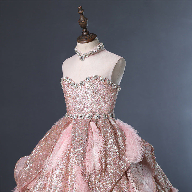Pink Sequined Princess Flower Girl Dress Mock Neck Ruffle