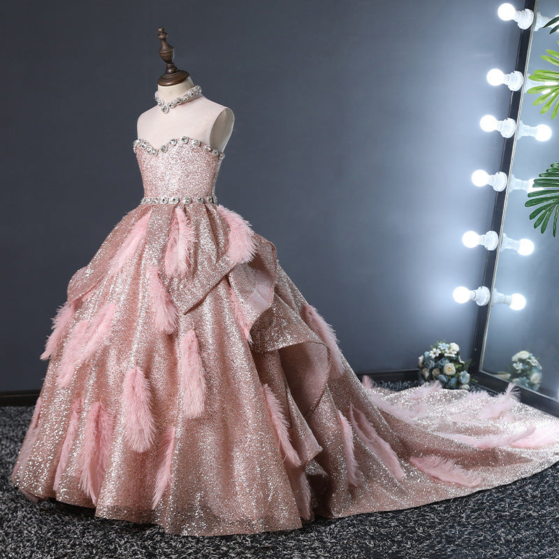 Pink Sequined Princess Flower Girl Dress Mock Neck Ruffle