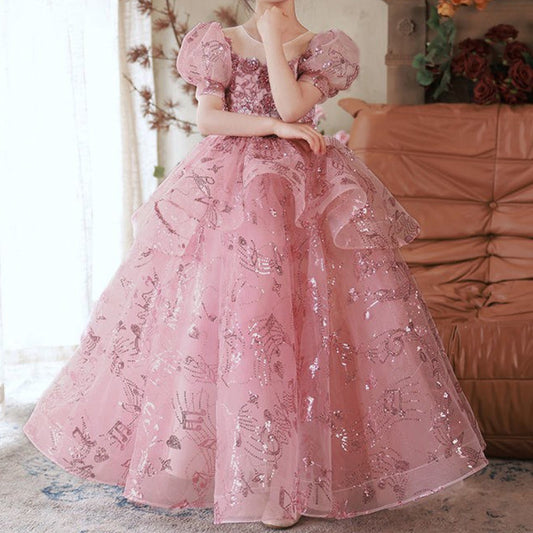 Pink Sequined Tiered Tulle Ball Gown for Girls - Special Occasion Princess Dress