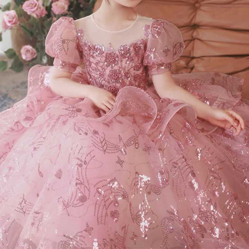 Pink Sequined Tiered Tulle Ball Gown for Girls - Special Occasion Princess Dress