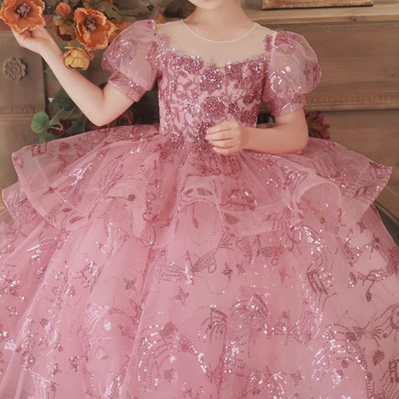 Pink Sequined Tiered Tulle Ball Gown for Girls - Special Occasion Princess Dress