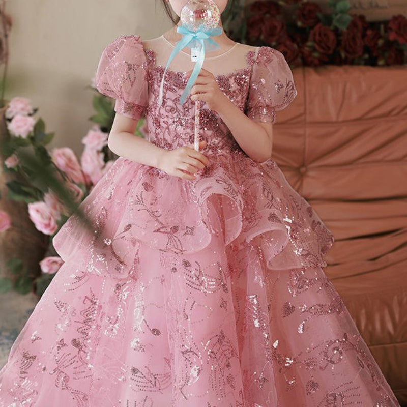 Pink Sequined Tiered Tulle Ball Gown for Girls - Special Occasion Princess Dress