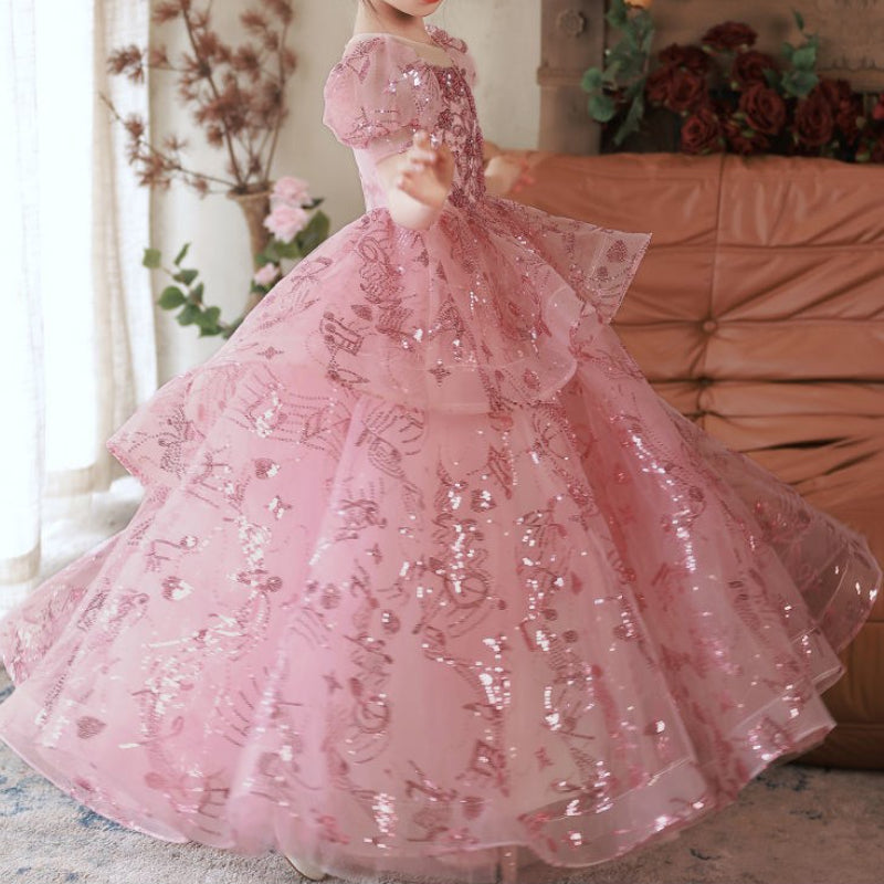 Pink Sequined Tiered Tulle Ball Gown for Girls - Special Occasion Princess Dress