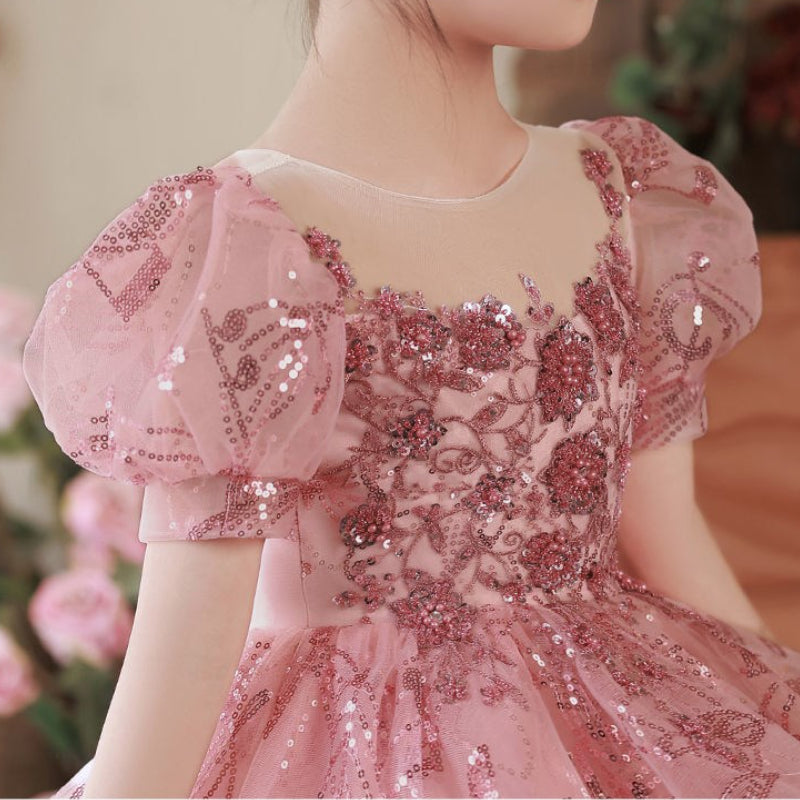 Pink Sequined Tiered Tulle Ball Gown for Girls - Special Occasion Princess Dress