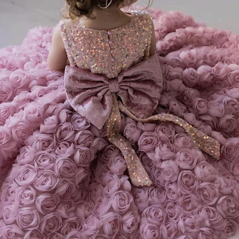 Pink Sequined Tulle Tea-Length Ball Gown for Girls – Floral Embellished Party Dress