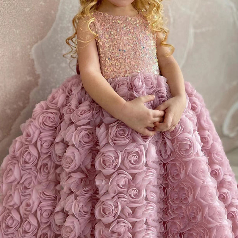 Pink Sequined Tulle Tea-Length Ball Gown for Girls – Floral Embellished Party Dress