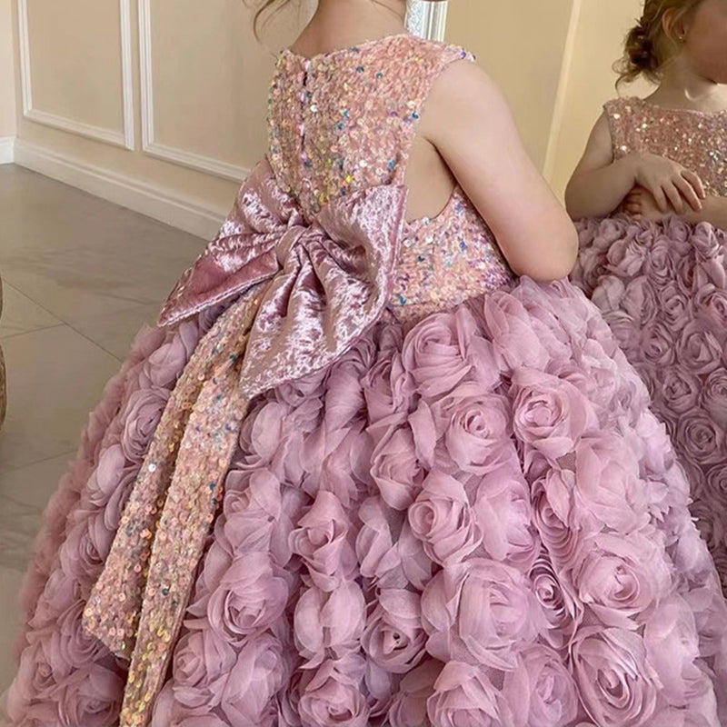 Pink Sequined Tulle Tea-Length Ball Gown for Girls – Floral Embellished Party Dress