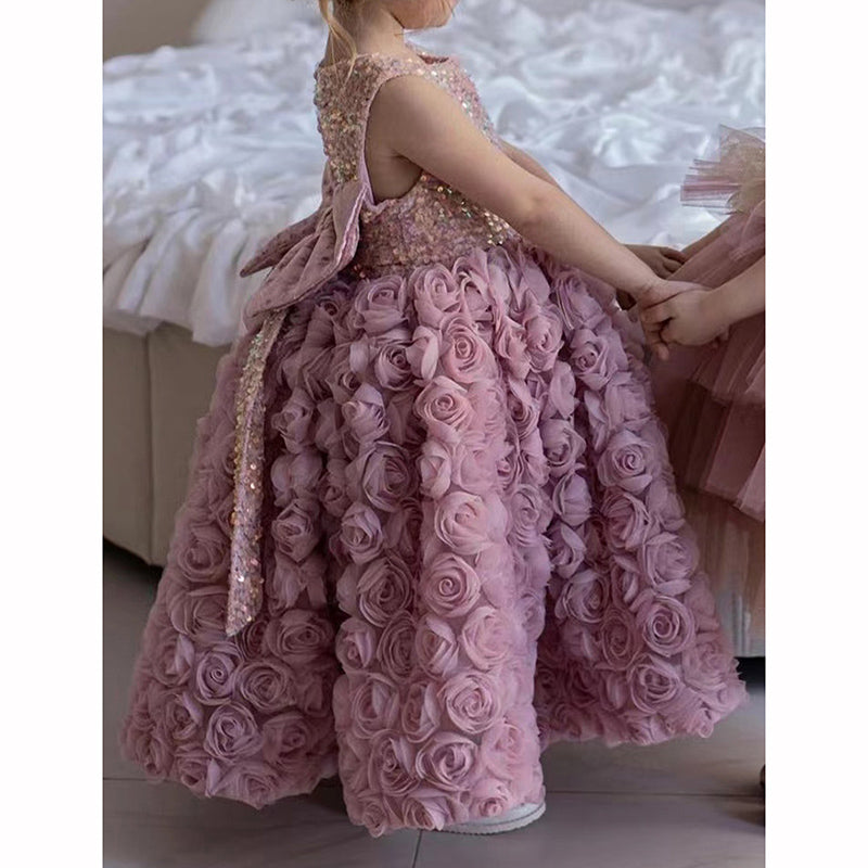 Pink Sequined Tulle Tea-Length Ball Gown for Girls – Floral Embellished Party Dress