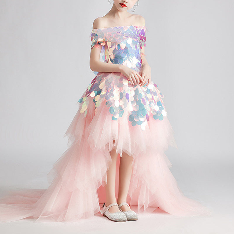 Pink Sequined Tulle Off Shoulder Flower Girl Dress