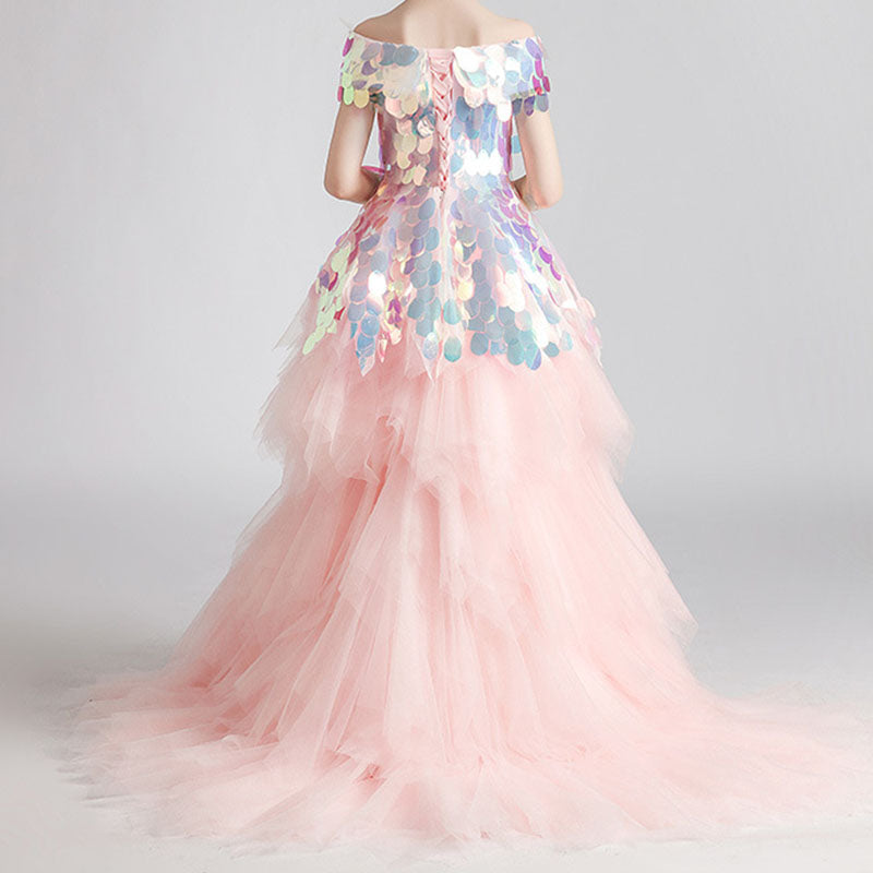 Pink Sequined Tulle Off Shoulder Flower Girl Dress