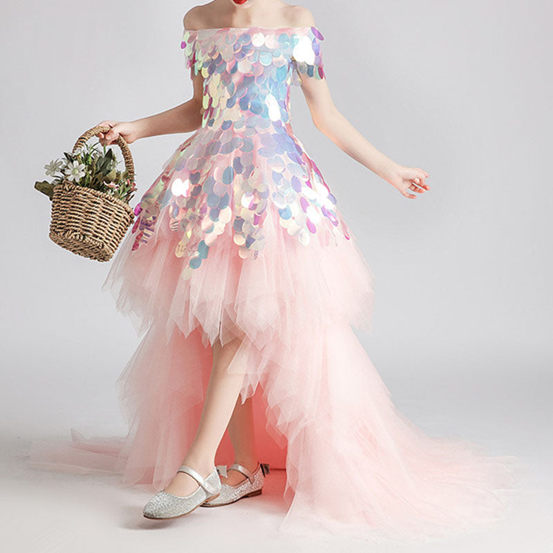 Pink Sequined Tulle Off Shoulder Flower Girl Dress