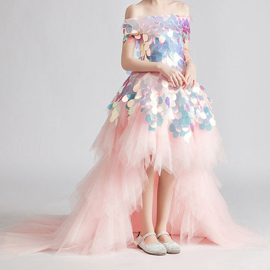 Pink Sequined Tulle Off Shoulder Flower Girl Dress