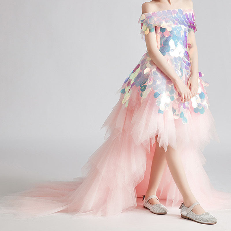 Pink Sequined Tulle Off Shoulder Flower Girl Dress