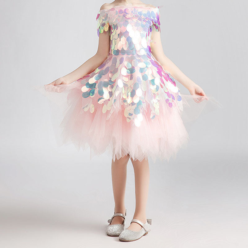 Pink Sequined Tulle Off Shoulder Flower Girl Dress