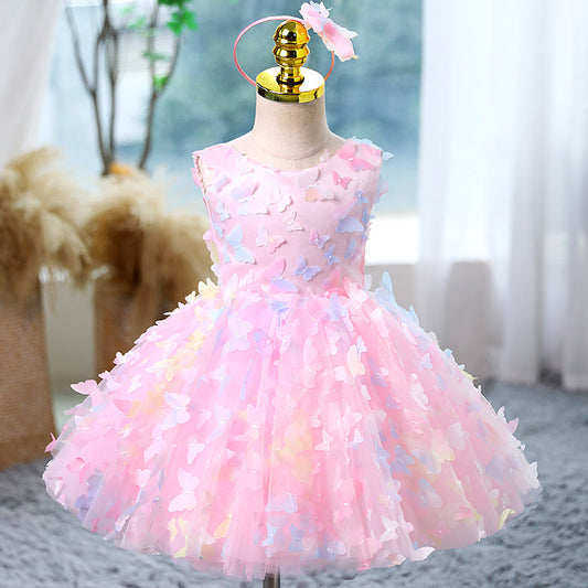 Pink Butterfly Sleeveless Tulle Princess Dress for Girls | Special Occasion