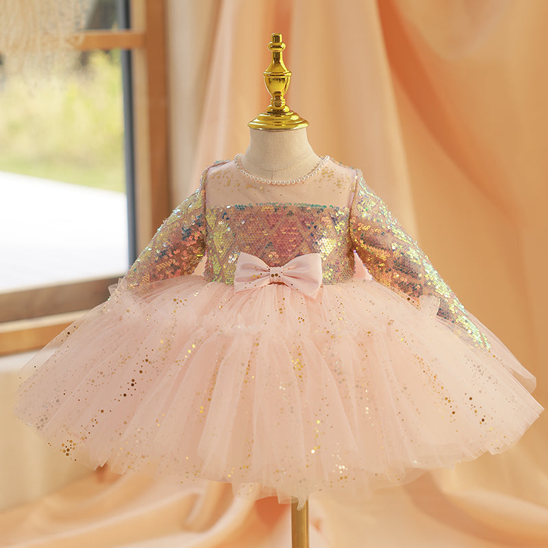 Pink Tulle & Sequined A-Line Flower Girl Dress - Long Sleeve