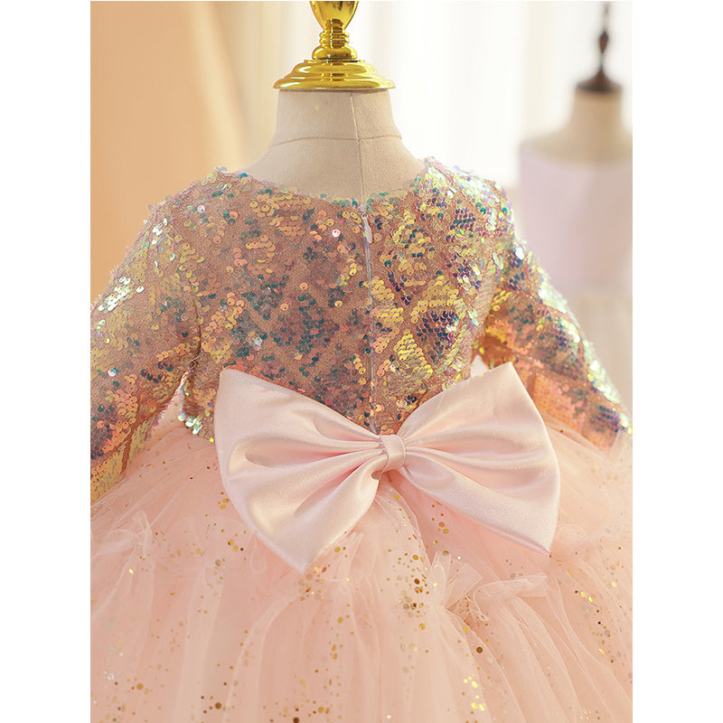 Pink Tulle & Sequined A-Line Flower Girl Dress - Long Sleeve