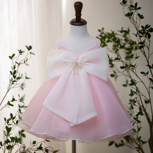 Pink Tulle A-Line Flower Girl Dress Beaded Bow Sleeveless