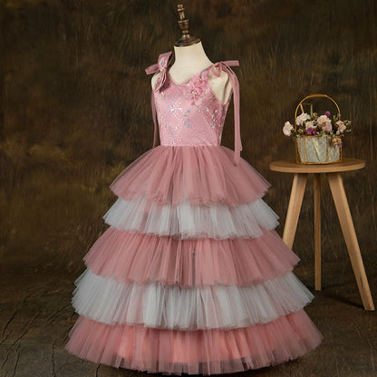 Pink Tulle A-Line Flower Girl Dress Flower Sequin Sleeveless
