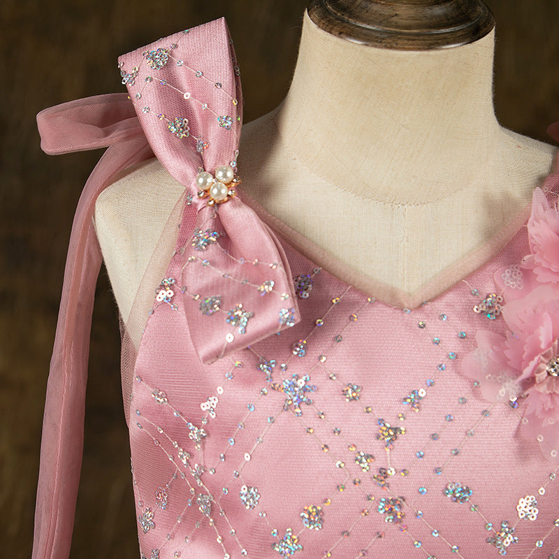 Pink Tulle A-Line Flower Girl Dress Flower Sequin Sleeveless