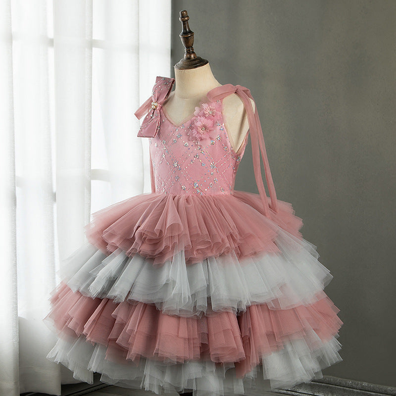 Pink Tulle A-Line Flower Girl Dress Flower Sequin Sleeveless Tea