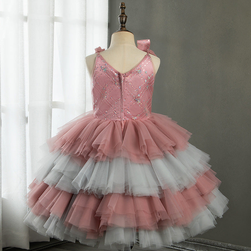 Pink Tulle A-Line Flower Girl Dress Flower Sequin Sleeveless Tea