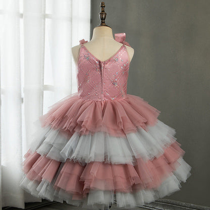 Pink Tulle A-Line Flower Girl Dress Flower Sequin Sleeveless Tea