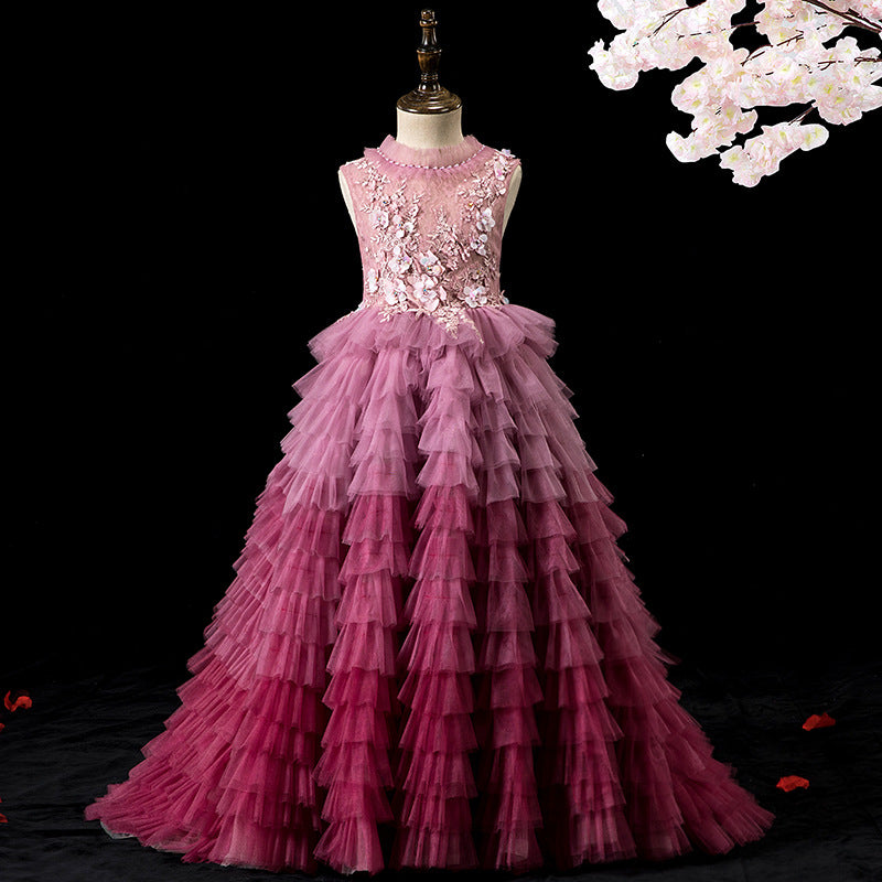 Pink Tulle A-Line Flower Girl Dress Lace Pleated Sleeveless