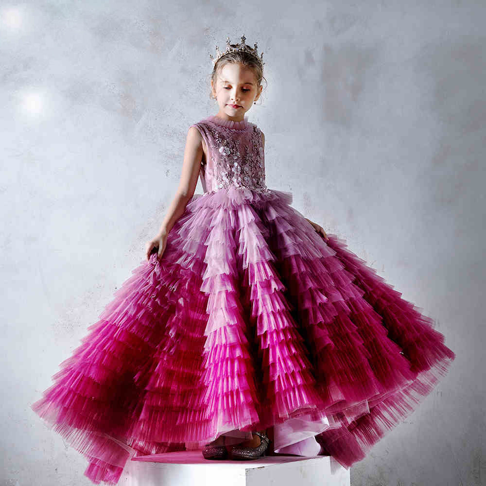 Pink Tulle A-Line Flower Girl Dress Lace Pleated Sleeveless