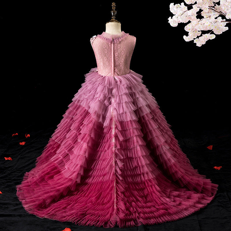 Pink Tulle A-Line Flower Girl Dress Lace Pleated Sleeveless