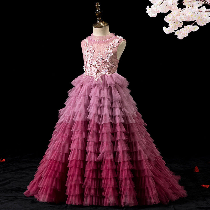 Pink Tulle A-Line Flower Girl Dress Lace Pleated Sleeveless