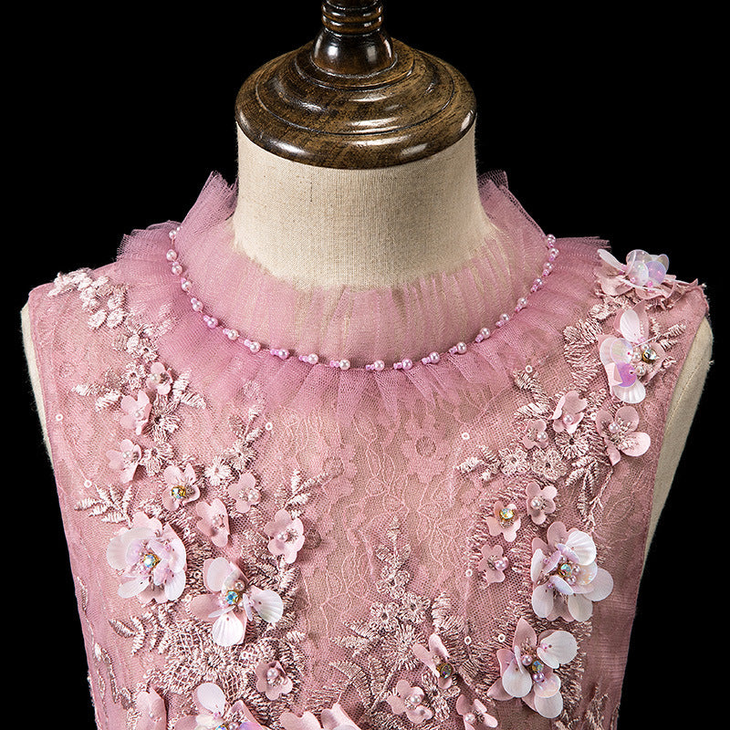 Pink Tulle A-Line Flower Girl Dress Lace Pleated Sleeveless