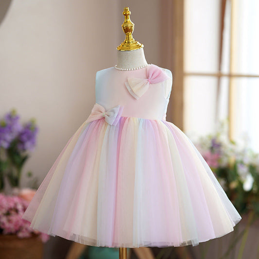 Pink Tulle A-Line Flower Girl Dress Sleeveless Bow Tea