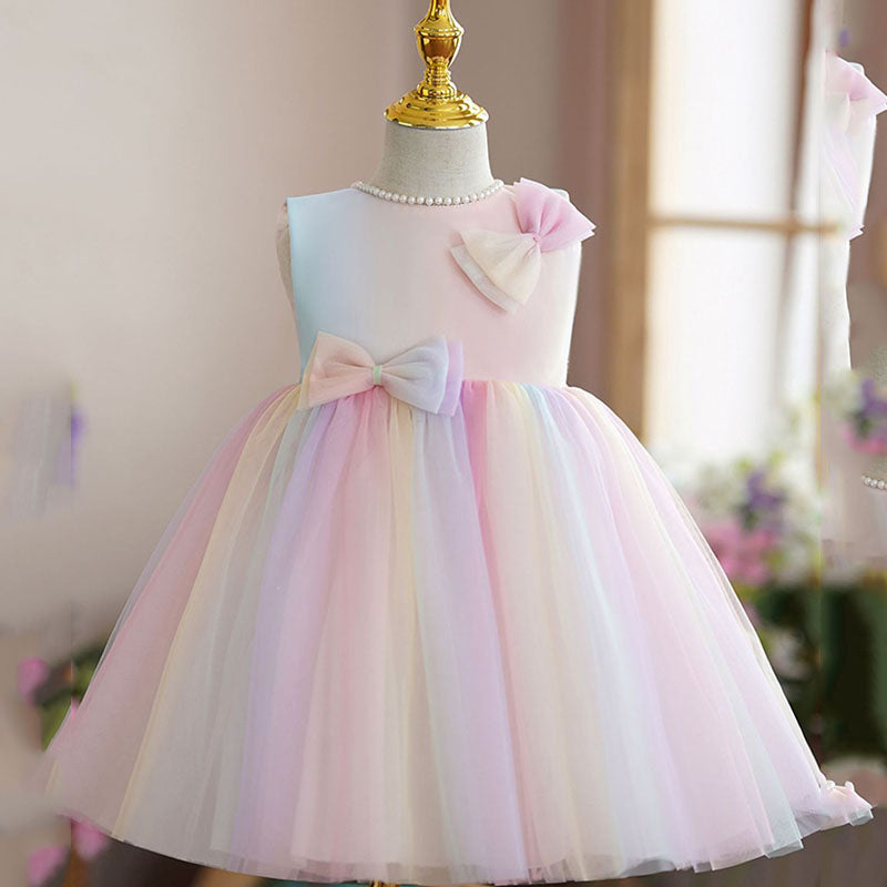 Pink Tulle A-Line Flower Girl Dress Sleeveless Bow Tea