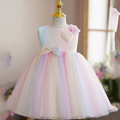 Pink Tulle A-Line Flower Girl Dress Sleeveless Bow Tea