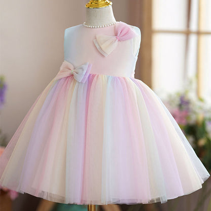 Pink Tulle A-Line Flower Girl Dress Sleeveless Bow Tea