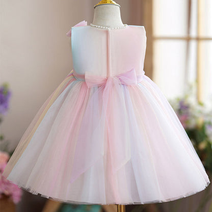 Pink Tulle A-Line Flower Girl Dress Sleeveless Bow Tea