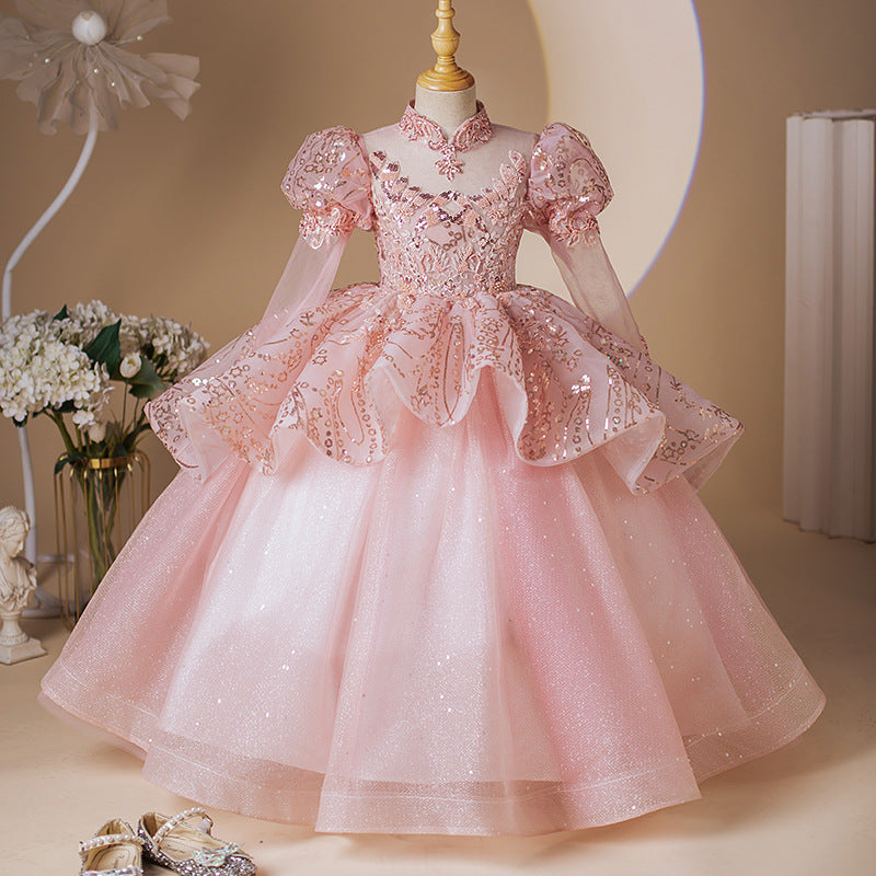 Pink Tulle A-Line Flower Girl Dress with Cascading Ruffles & Sequins