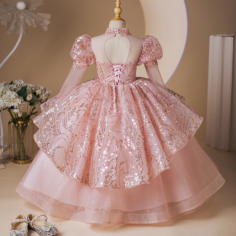 Pink Tulle A-Line Flower Girl Dress with Cascading Ruffles & Sequins