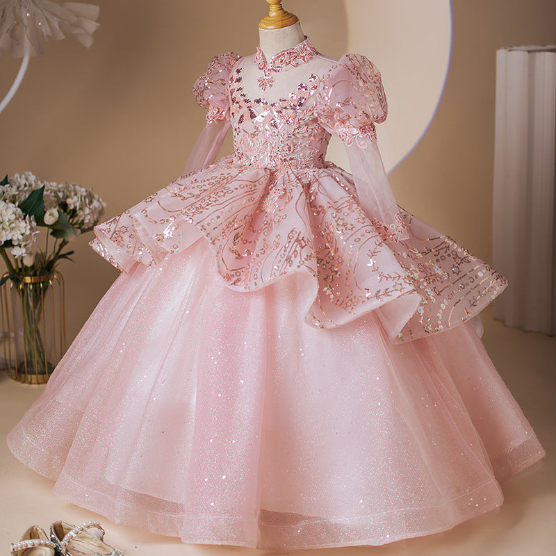 Pink Tulle A-Line Flower Girl Dress with Cascading Ruffles & Sequins