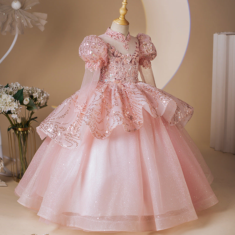 Pink Tulle A-Line Flower Girl Dress with Cascading Ruffles & Sequins