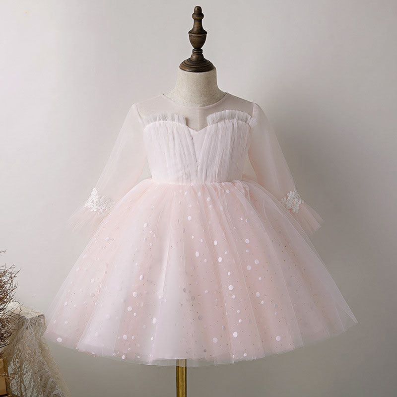Pink Tulle A-Line Flower Girl Dress with Lace & Sequins