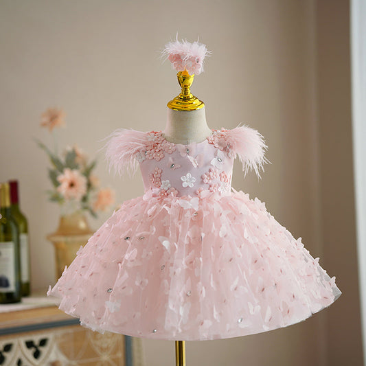 Pink Tulle A-Line Sleeveless Knee-Length Princess Dress for Girls | Flower Girl Party Dress