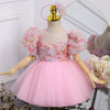 Pink Tulle Ball Gown with Fabric Flowers for Girls