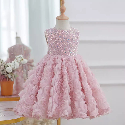 Pink Tulle Chiffon Flower Girl Dress with Sequins & Floral Accents