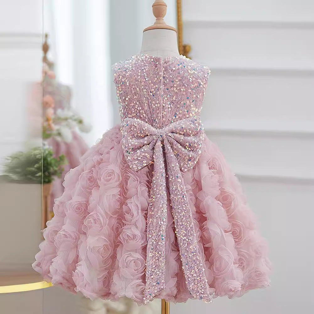 Pink Tulle Chiffon Flower Girl Dress with Sequins & Floral Accents