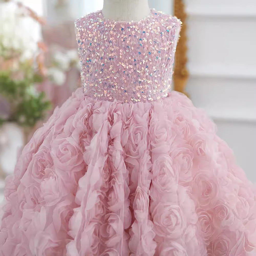 Pink Tulle Chiffon Flower Girl Dress with Sequins & Floral Accents