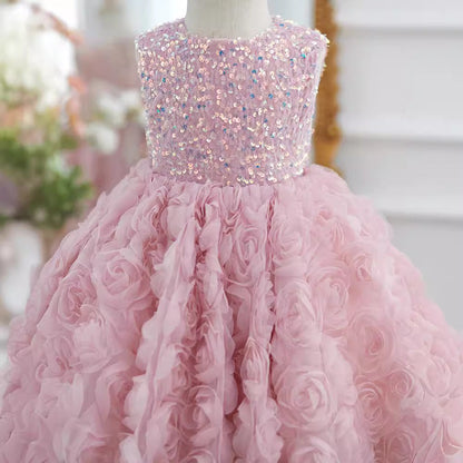 Pink Tulle Chiffon Flower Girl Dress with Sequins & Floral Accents