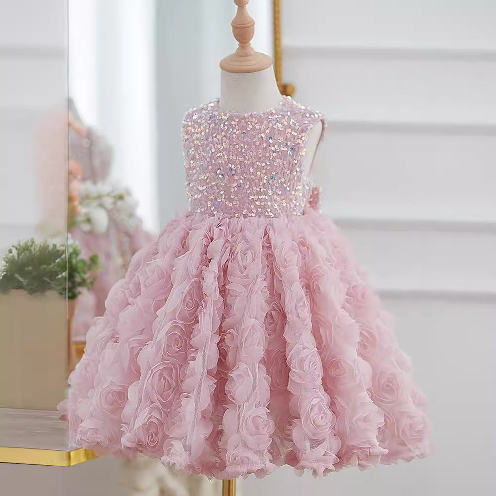 Pink Tulle Chiffon Flower Girl Dress with Sequins & Floral Accents